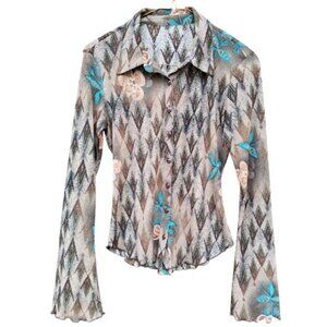 90s Y2K Sheer Mesh Tight Stretchy Bell Sleeve Lettuce Trim 70s Retro Crop Top XS